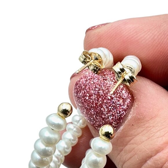 Womens Earrings 14K Yellow Gold 1 1/4 Inch White Pearl Hoops Pierced - Picture 4 of 4